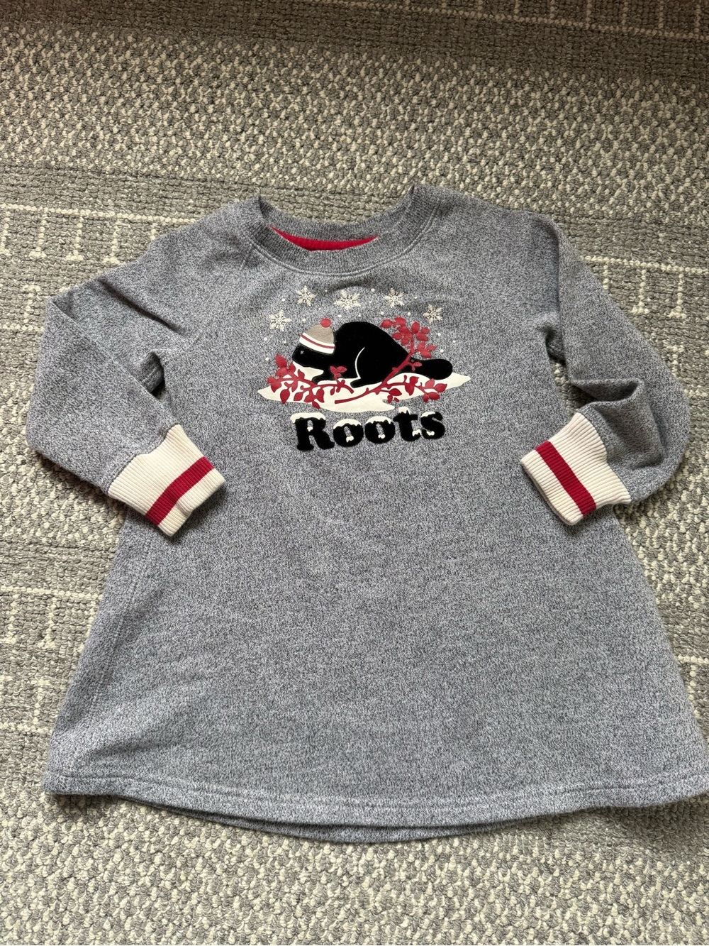 Roots Grey Long-Sleeve Dress with Beaver Graphic and Red Trim